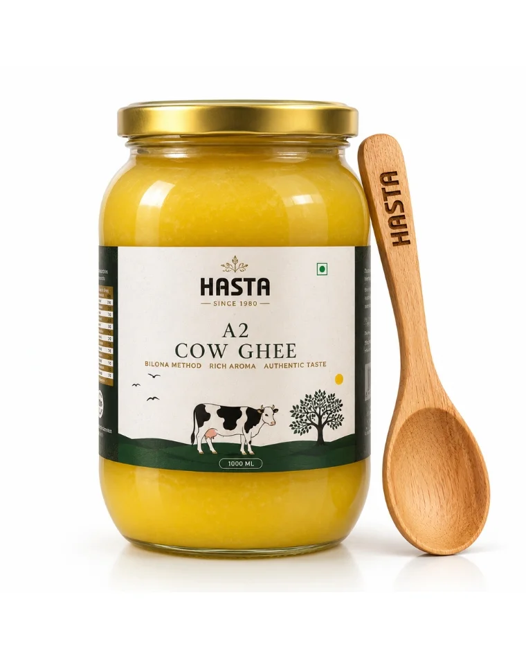 Hasta Pure Cow Ghee 1 Litre jar with handcrafted wooden spoon