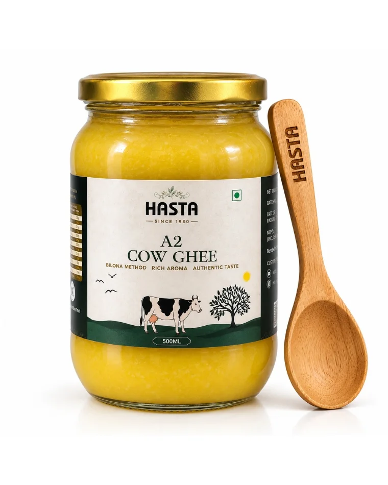 Hasta Pure Cow Ghee 500ml jar with handcrafted wooden spoon
