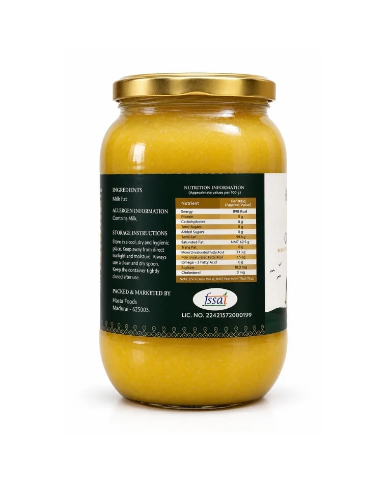 Back label of the Hasta Pure Cow Ghee 750ml jar showing ingredients, storage instructions and nutrition information