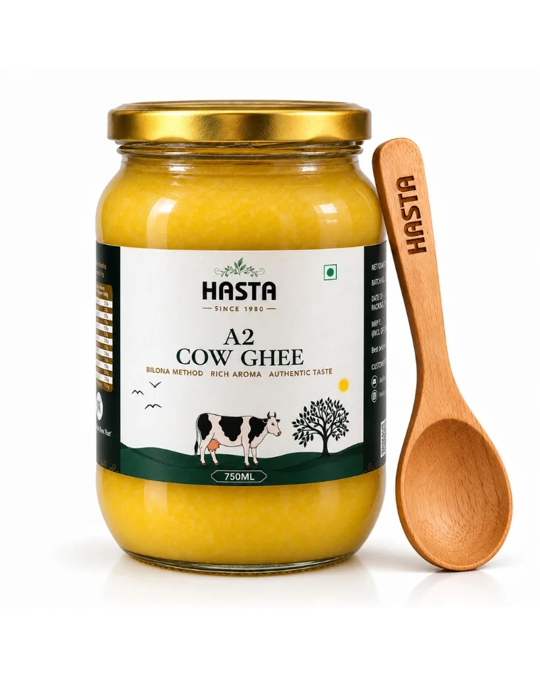 Hasta Pure Cow Ghee 750ml jar with handcrafted wooden spoon