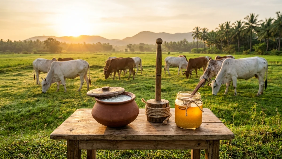 Indigenous Indian cows grazing on green pastures with bilona churner and pure cow ghee jar