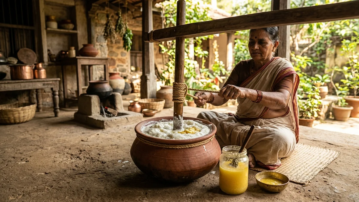 Traditional bilona curd churning and golden granulated pure cow ghee