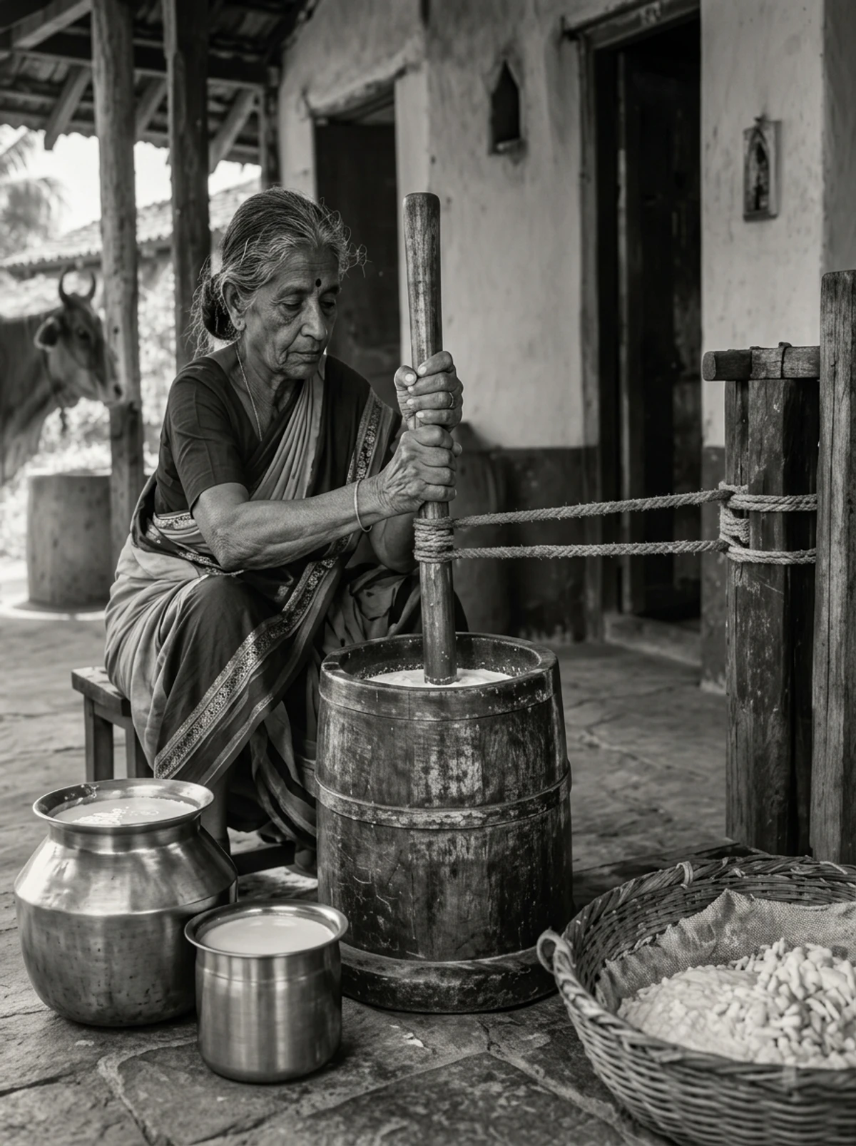Traditional Indian kitchen setting with brass vessels and vintage churning bilona