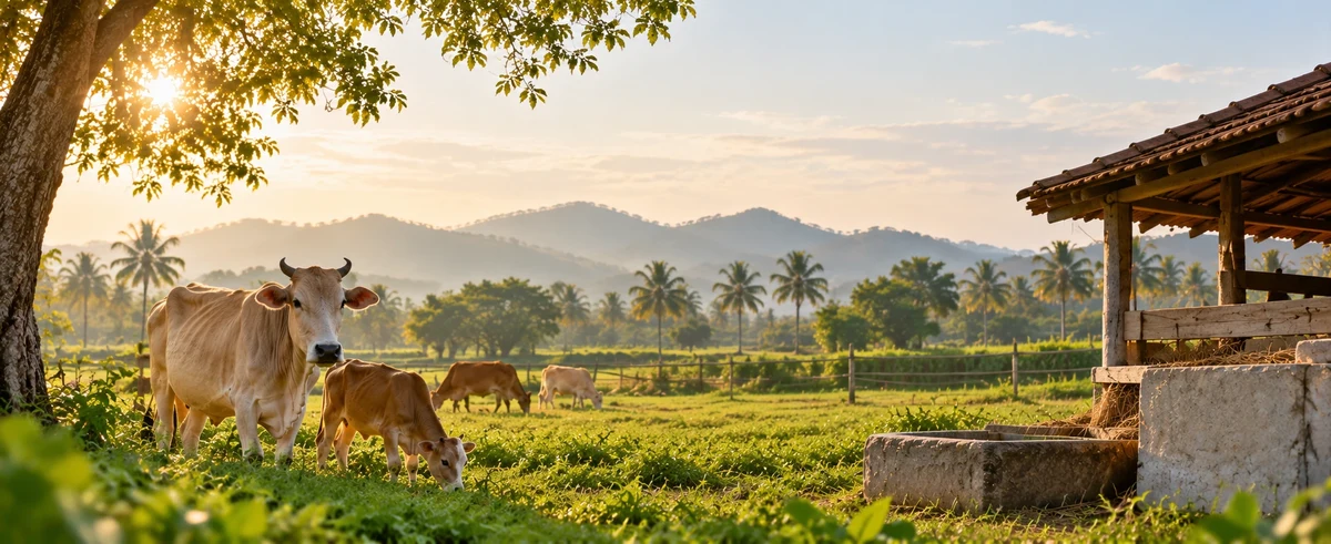 Scenic lush pastoral farms under morning sunlight