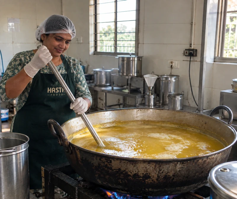 Slow simmering golden ghee clarifying in traditional vessel