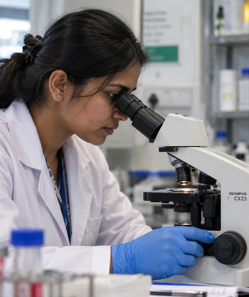 Senior laboratory technician conducting scientific quality testing on ghee