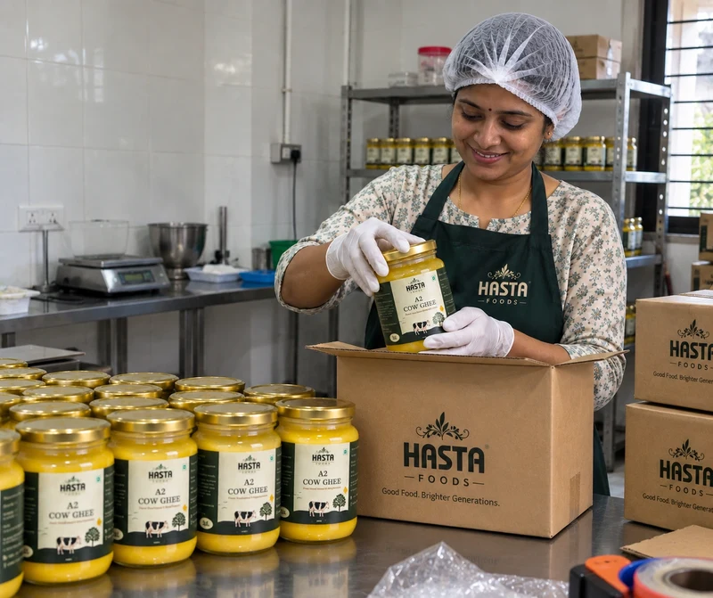 Hasta Foods team carefully inspecting and packing authentic glass jars of pure ghee