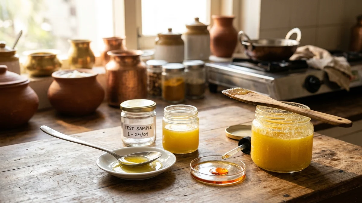 Testing pure cow ghee purity with molten spoon, dropper test, and golden glass jars