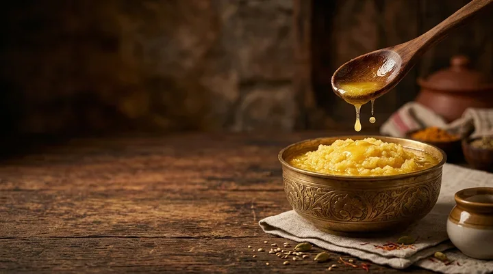 Golden granular ghee in antique brass urli with spoon